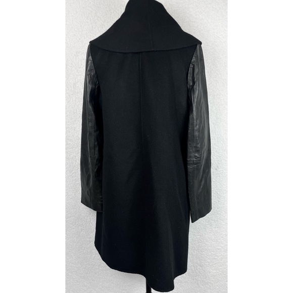 VINCE • Black Leather-Sleeve Shawl Collar Wool Trench Coat - Picture 13 of 15